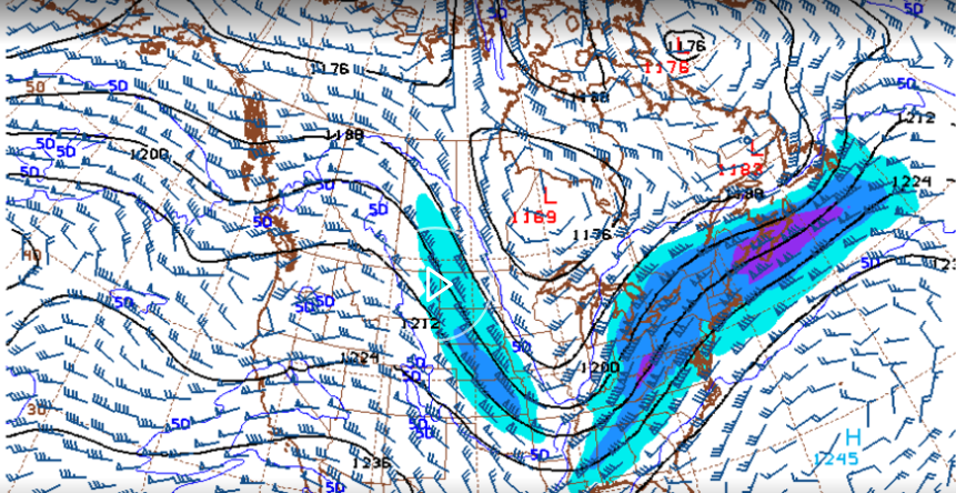 A NOAA wind map showing wind barbs (vectors) over North America.